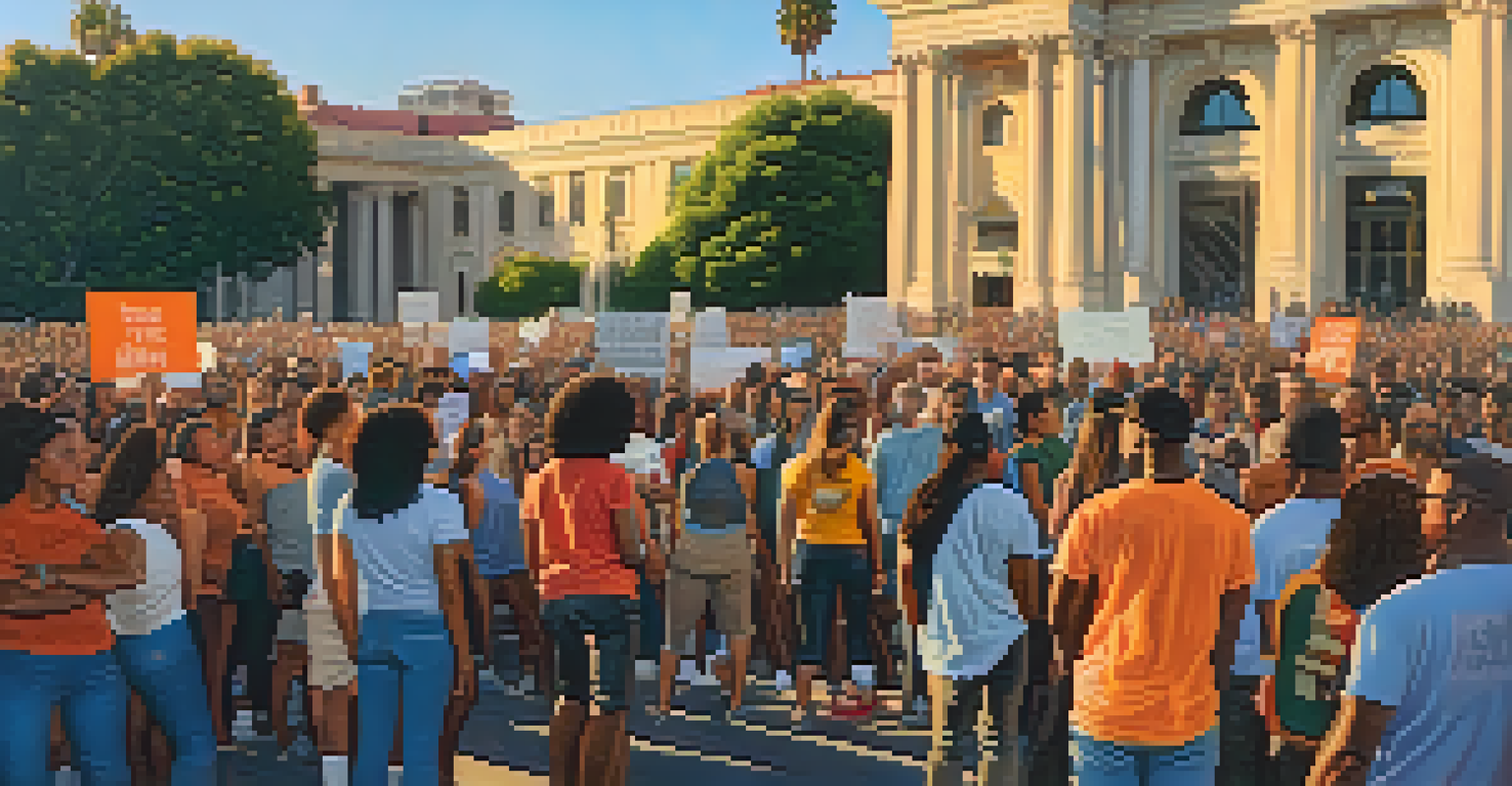 An activist at a peaceful protest in California, holding a sign with a diverse crowd and a historic building in the background.