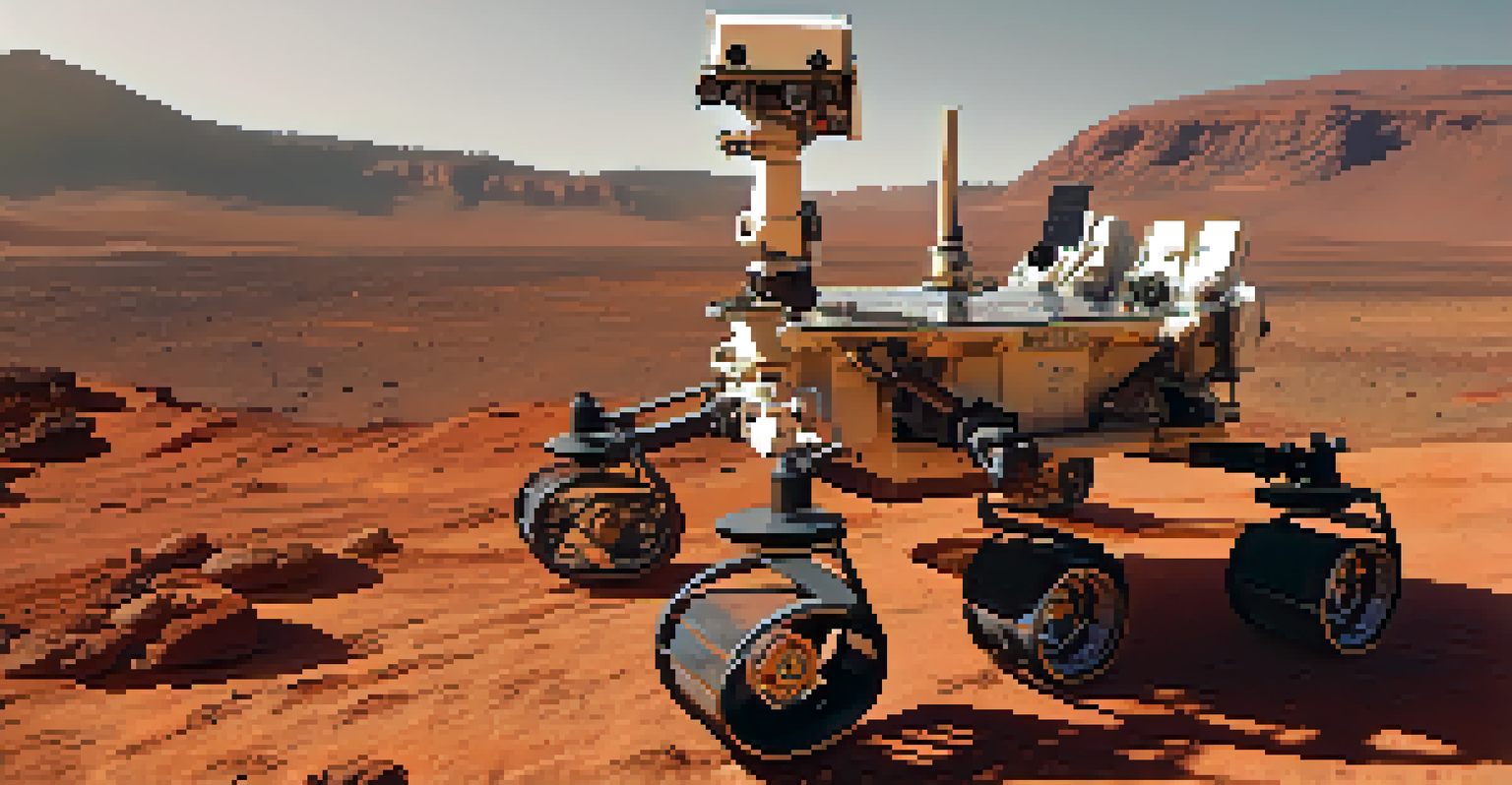 A close-up of a Mars Rover model on a rocky terrain with a blurred California landscape in the background.