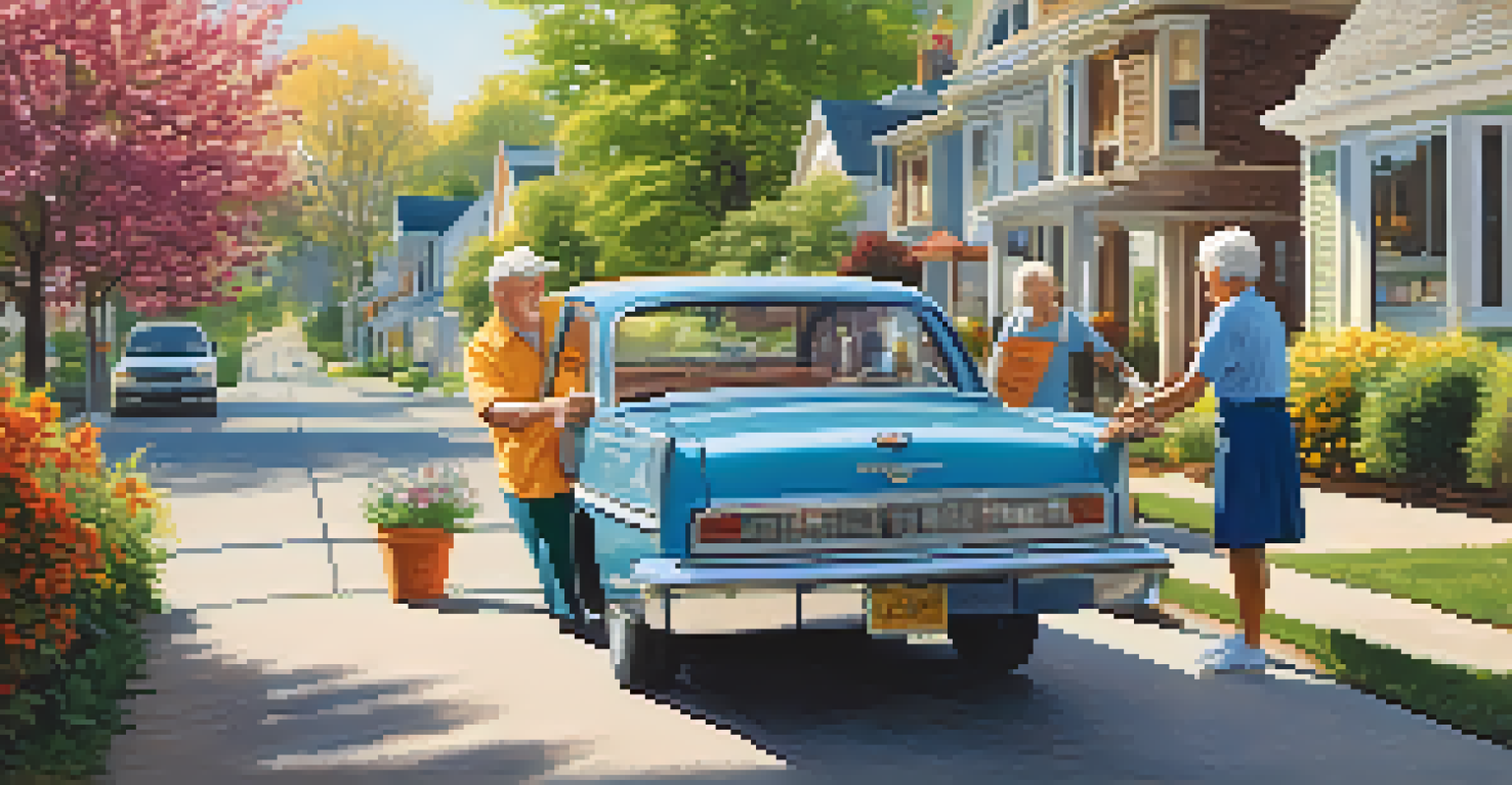 A volunteer driver helping a senior get into a car in a sunny neighborhood.