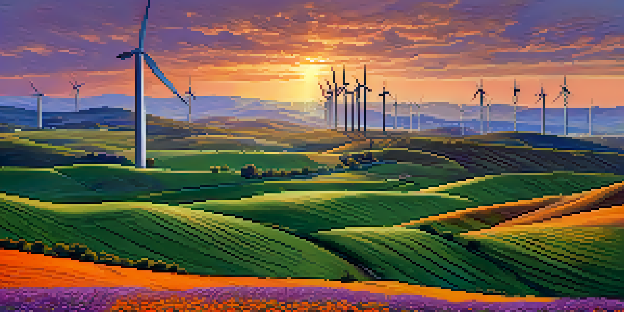 A wide view of a wind farm in California at sunset, with wind turbines and colorful skies.
