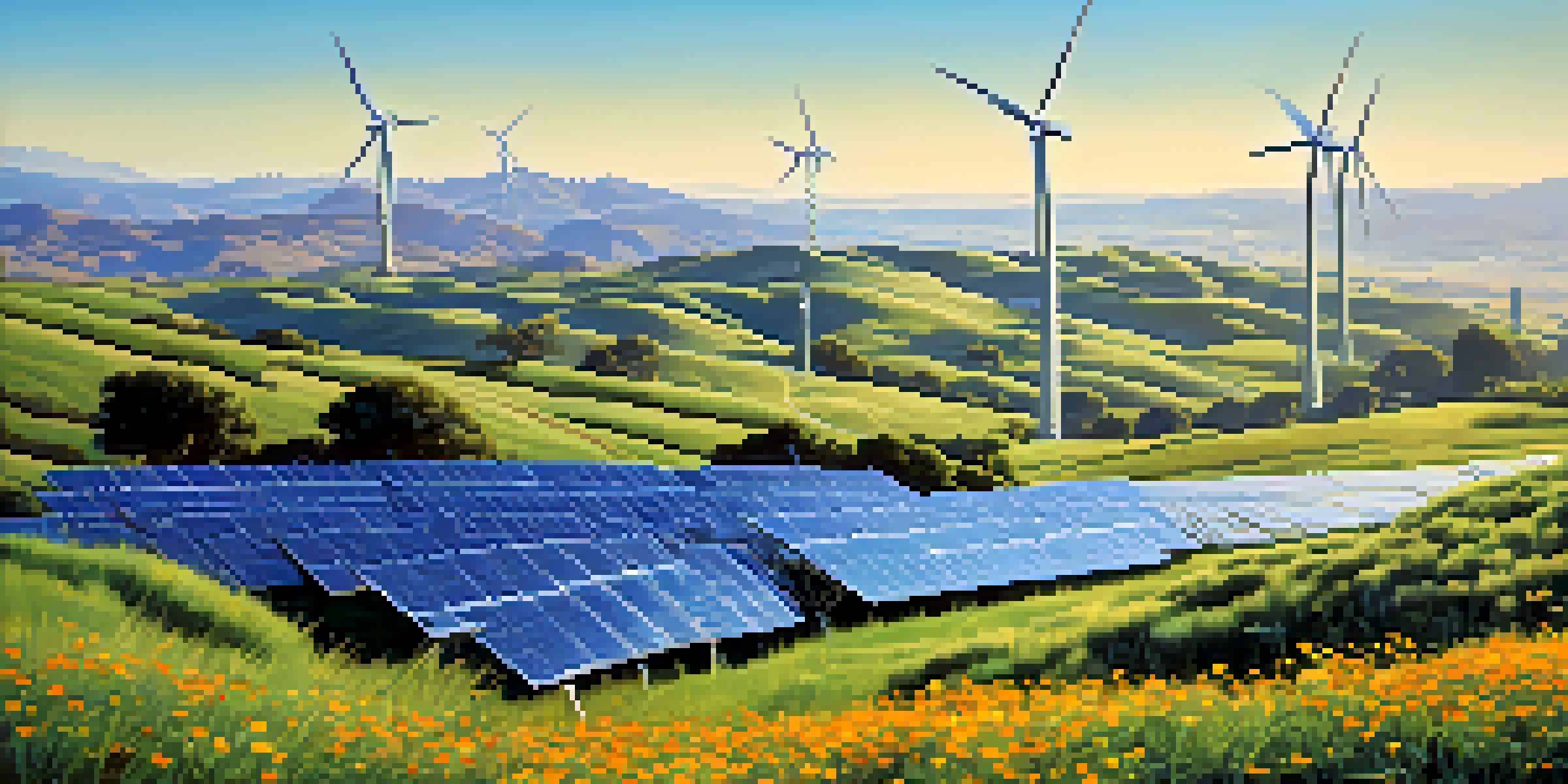 A colorful landscape of California with a green valley, wildflowers, rolling hills, solar panels, and wind turbines under a clear sky.