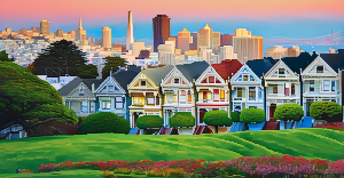 A colorful row of Victorian houses called the Painted Ladies in San Francisco, set against a sunset sky, with a park in the foreground filled with people.