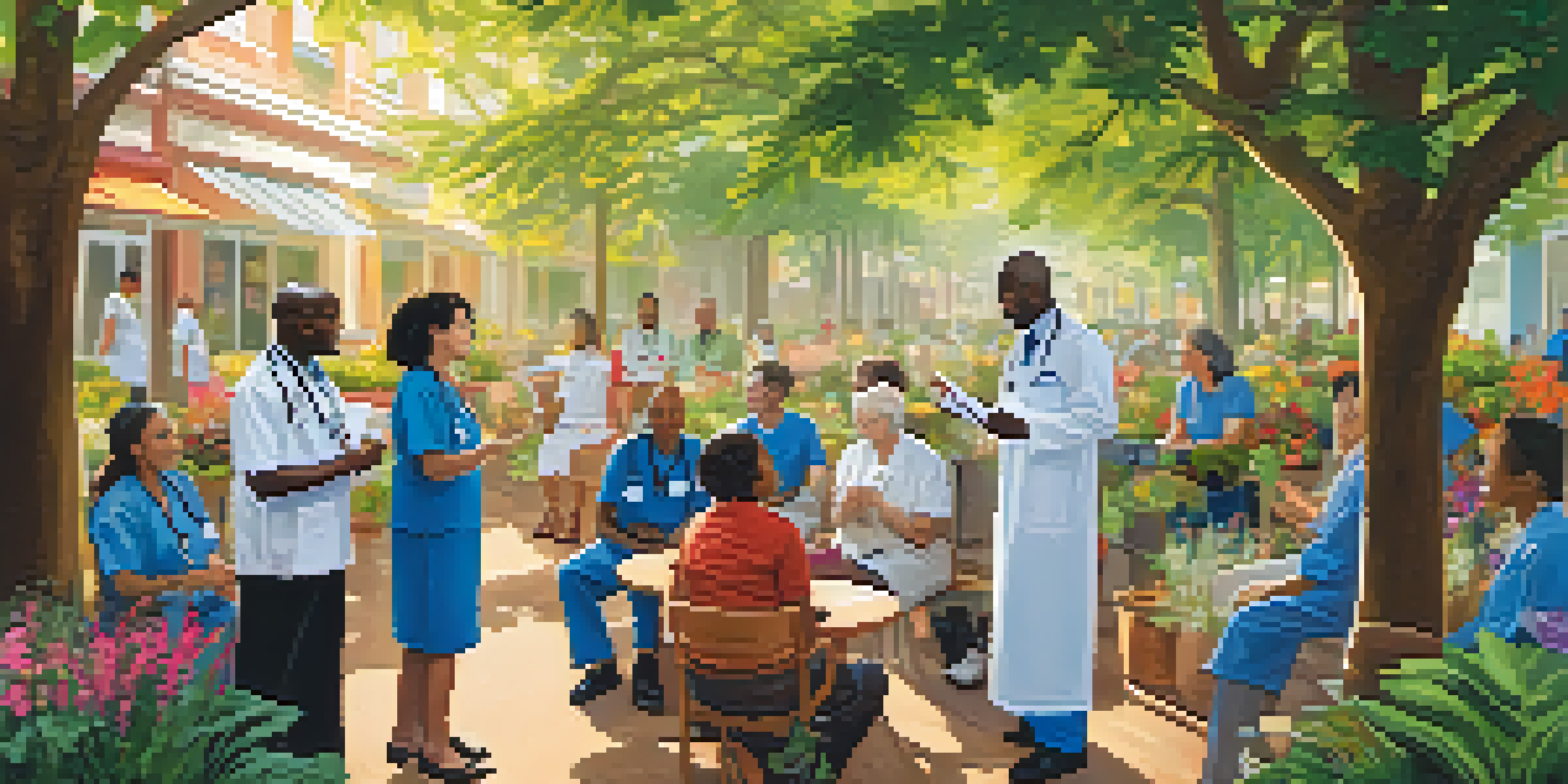 A diverse group of healthcare workers interacting with community members outdoors, surrounded by greenery and colorful health equity banners.