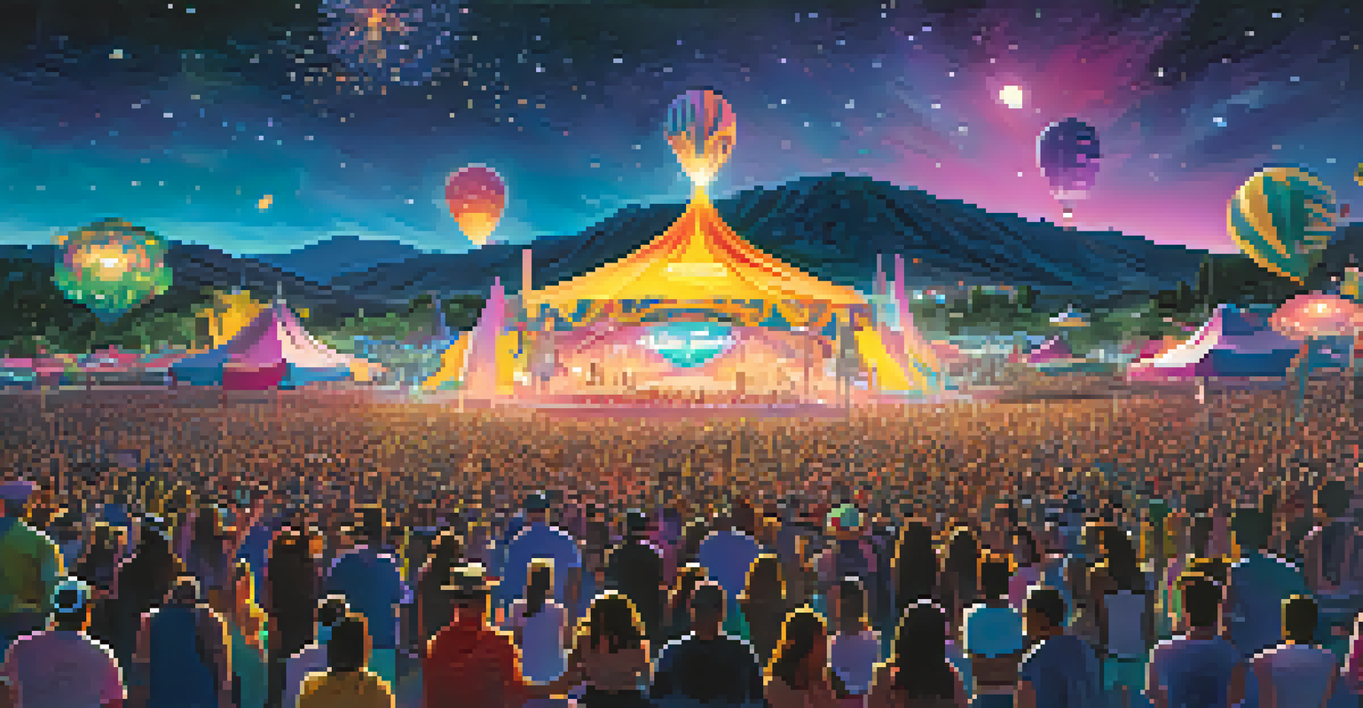 A nighttime scene at Nocturnal Wonderland festival featuring colorful lights, art installations, and festival-goers in vibrant outfits beneath a starry sky.