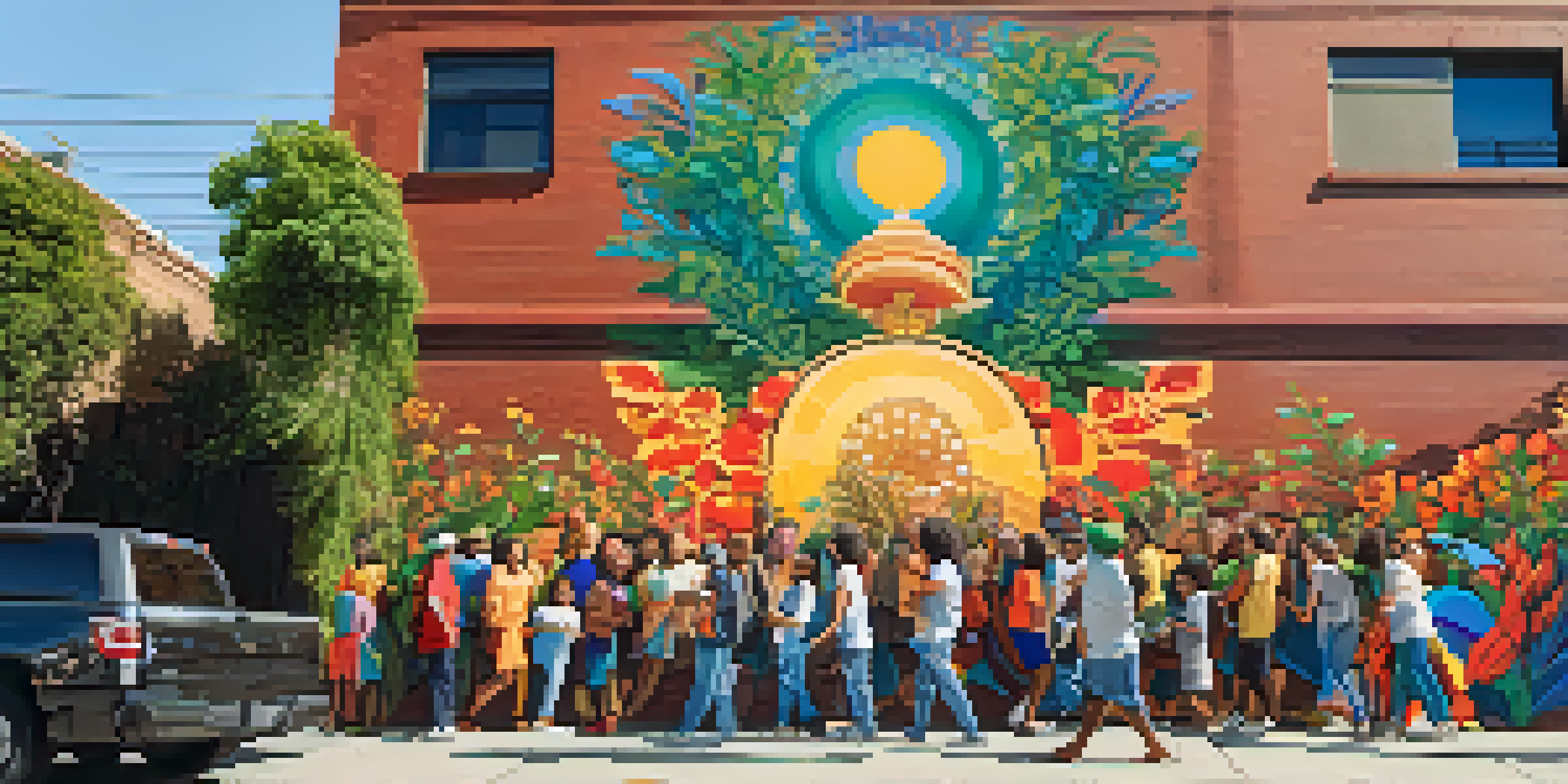 A colorful street mural depicting a diverse group of people in the Arts District of Los Angeles, surrounded by plants and sunlight.