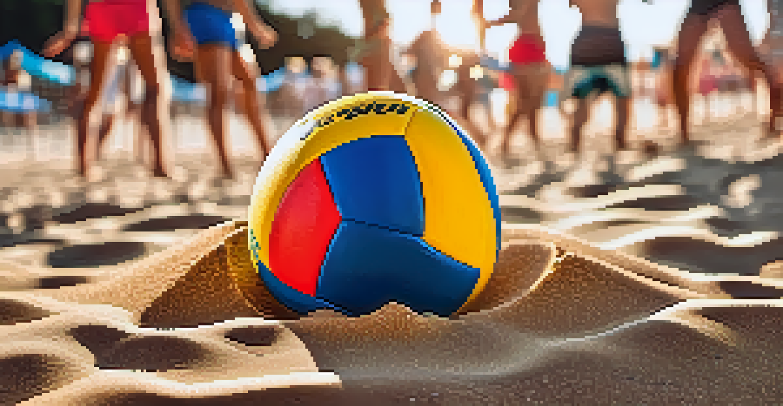 Close-up of a colorful beach volleyball on the sand with players blurred in the background.