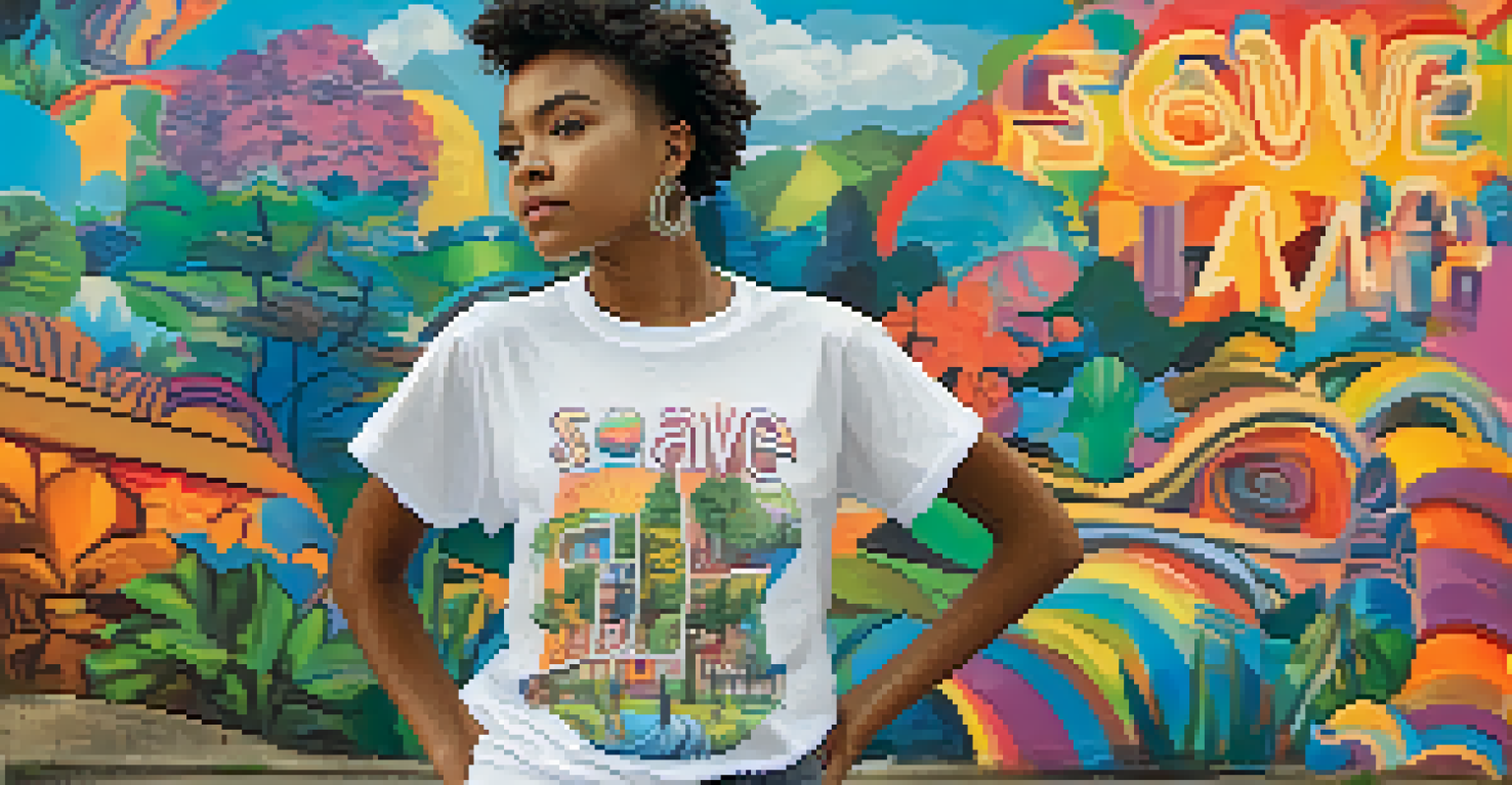 A young activist in a graphic t-shirt standing in front of a colorful mural, showcasing the blend of fashion and activism.