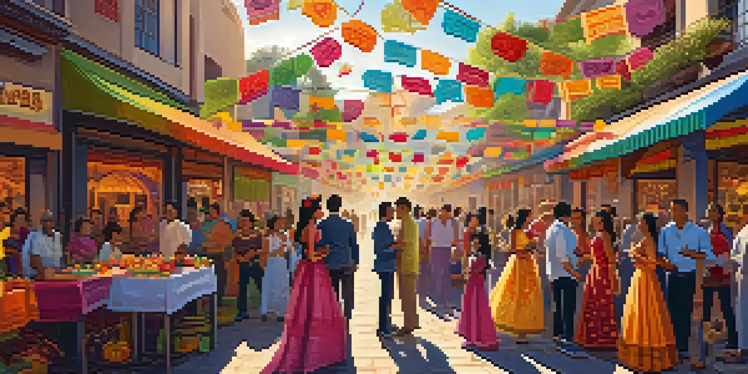 A lively street scene at a Día de los Muertos festival, with families in traditional attire, colorful decorations, and food booths under warm sunlight.