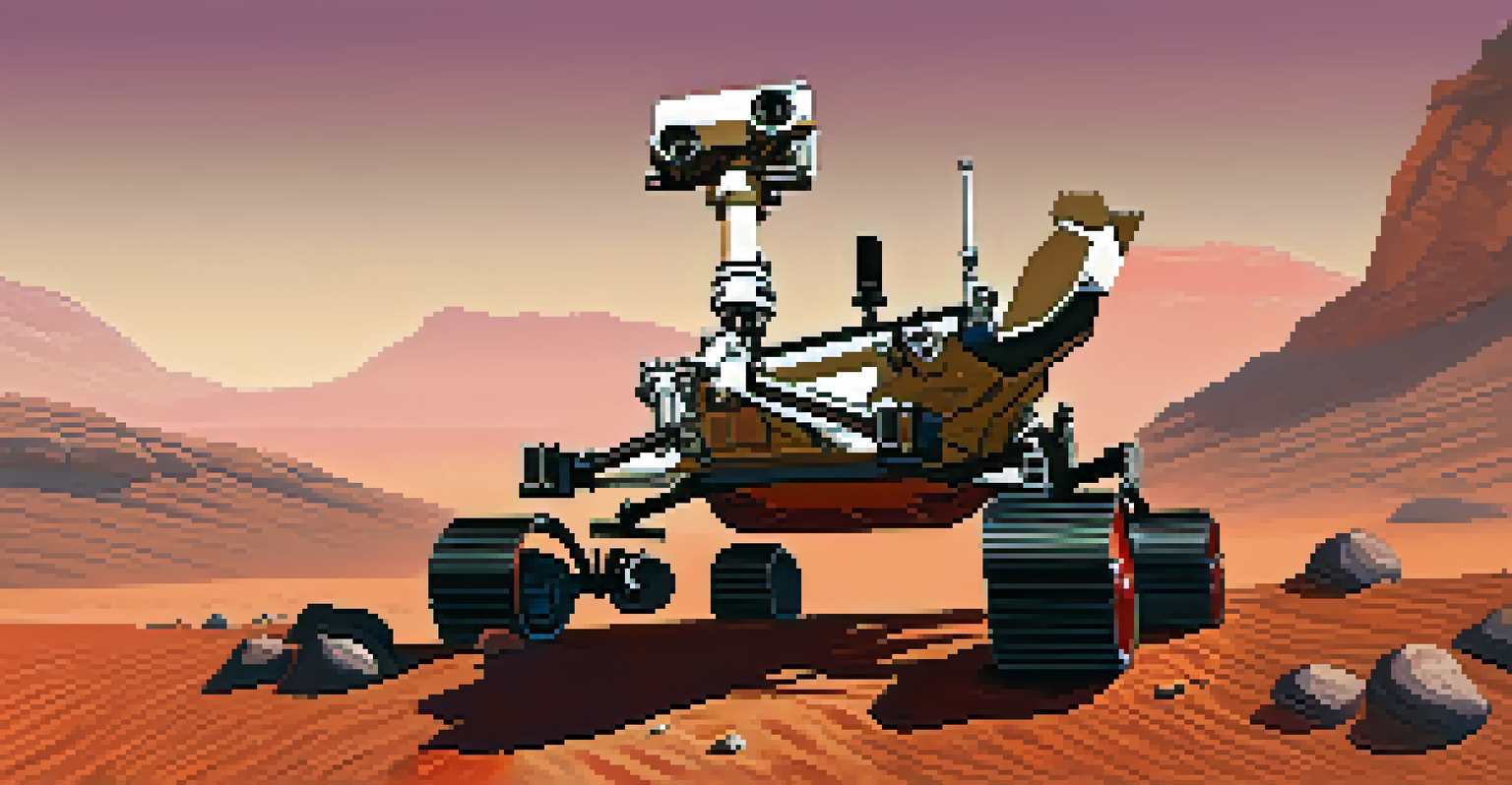 The Mars Rover Curiosity exploring the Martian landscape with a peach-colored sky and rocky terrain.