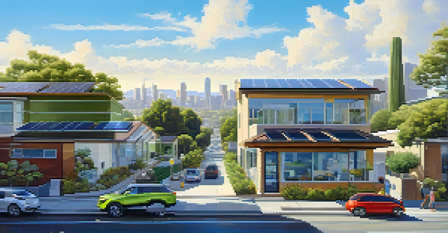 A city scene in California showing solar panels, electric vehicles, and greenery under a clear blue sky.