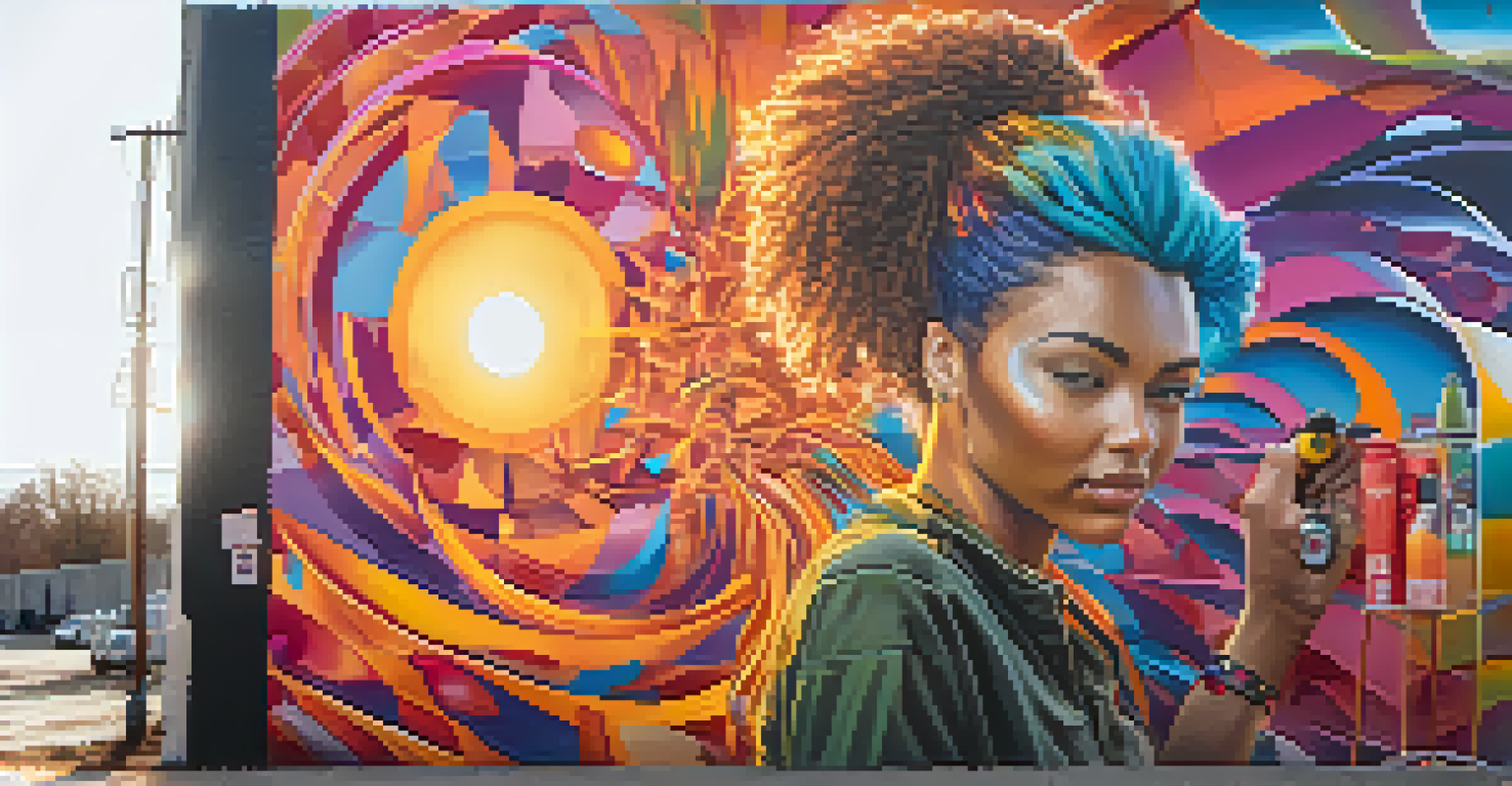 A young woman artist spray painting an abstract mural on a concrete wall, surrounded by spray paint cans, with a warm sunset in the background.