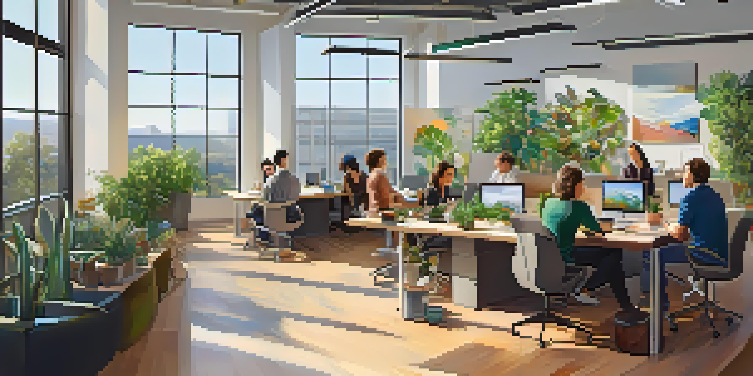 A modern office in Silicon Valley with diverse entrepreneurs discussing technology and working on laptops, filled with natural light and greenery.