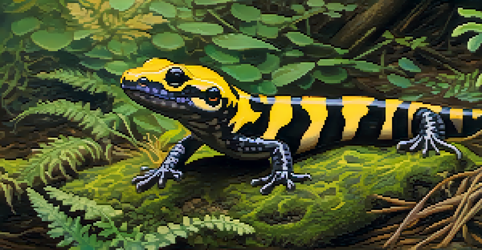 A California tiger salamander on moss, surrounded by green ferns and sunlight filtering through leaves.