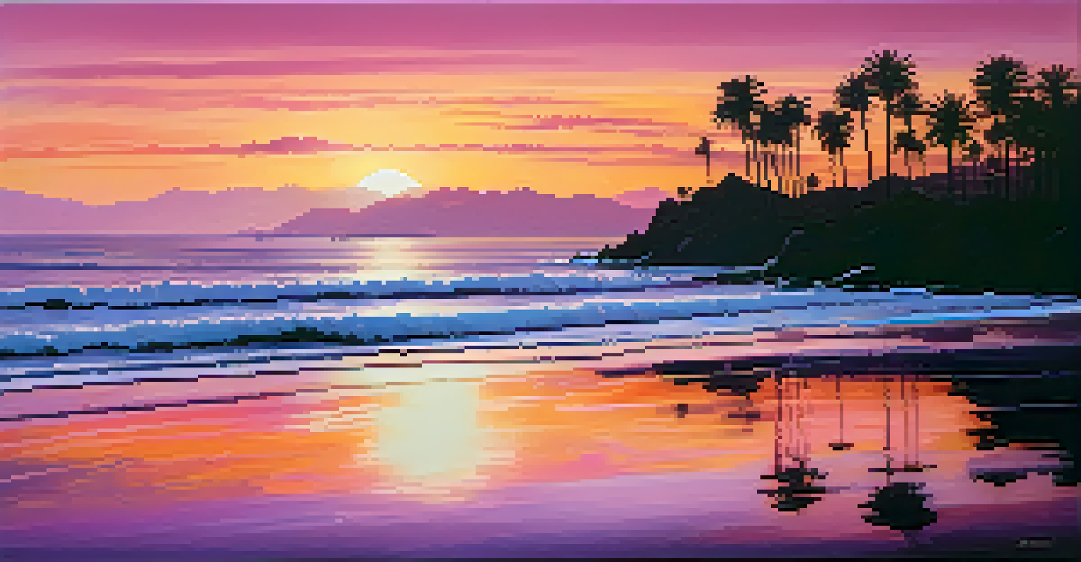 A sunset view of the California coastline with colorful skies and silhouetted palm trees.