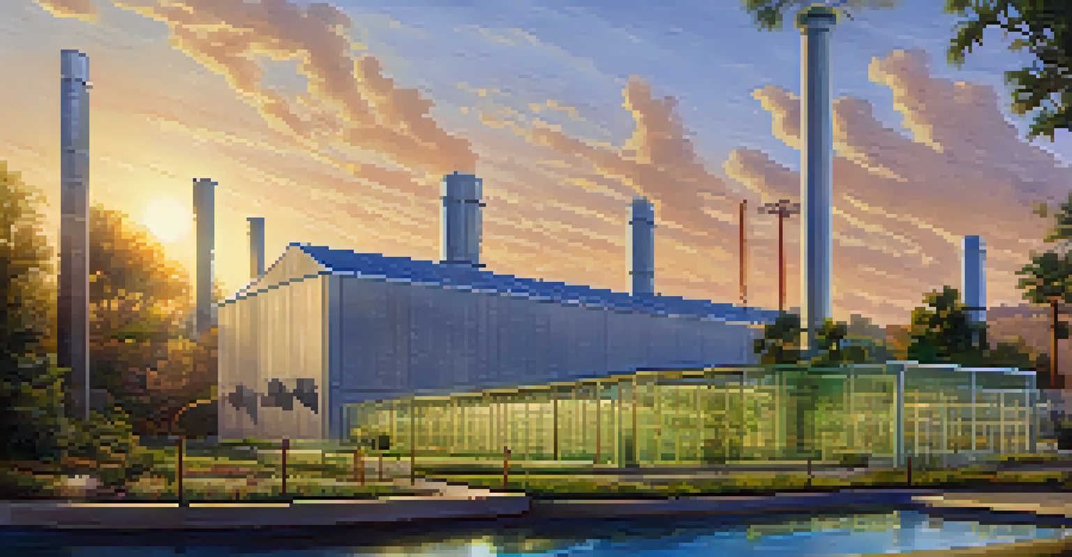A detailed view of a recycled water treatment facility in California, featuring advanced machinery and clear tanks, surrounded by greenery and a sunset in the background.