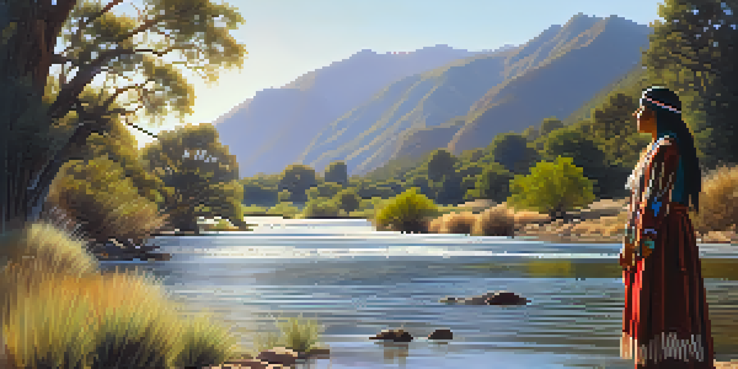 A Native American woman in traditional attire stands by a river in a lush California landscape, with sunlight filtering through trees and mountains in the background.