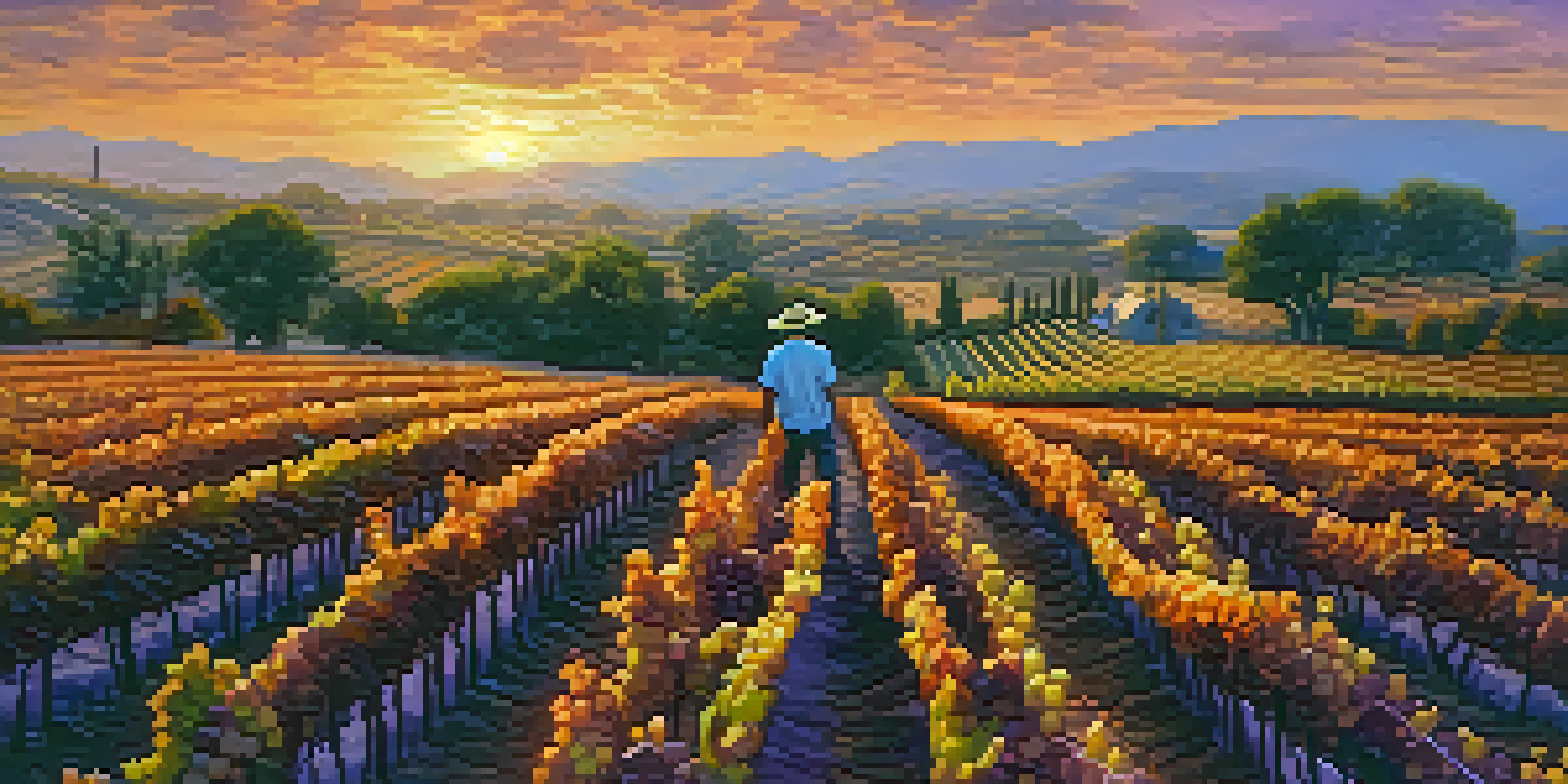 A California vineyard at sunset with a farmer inspecting ripe grapes, surrounded by rows of grapevines under a colorful sky.