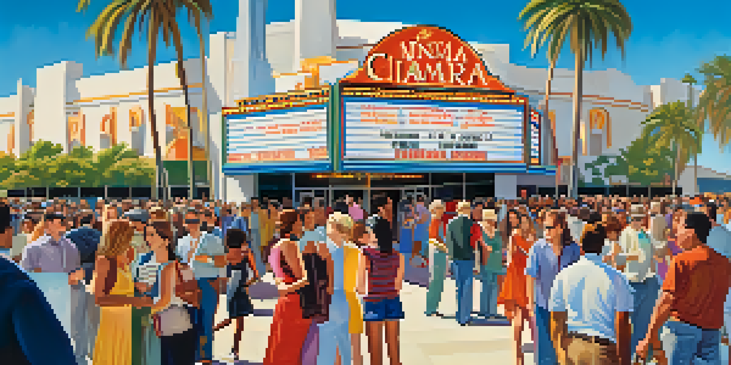 A lively outdoor scene at a California film festival, featuring a diverse crowd and colorful banners at a cinema entrance.