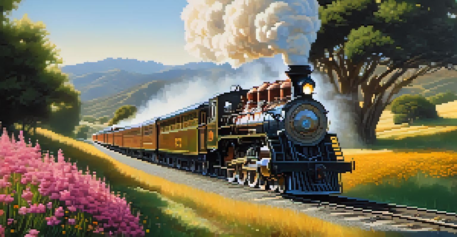 A vintage steam locomotive with smoke and gleaming metal details in a lush California countryside.