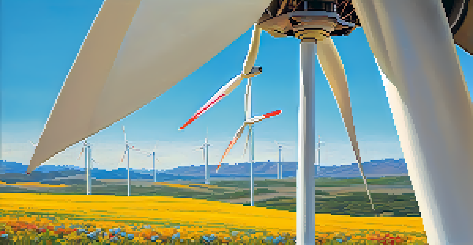 A close-up of a spinning wind turbine with wildflowers in the foreground against a clear blue sky, representing clean energy and nature's harmony.