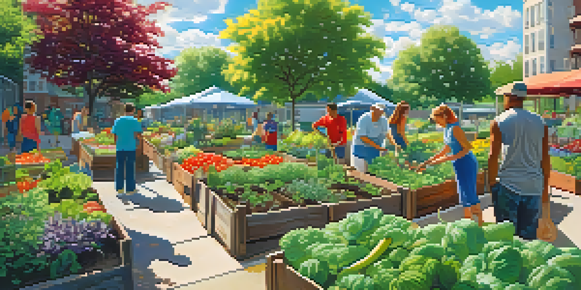 A diverse group of people working together in a colorful community garden filled with plants and flowers.