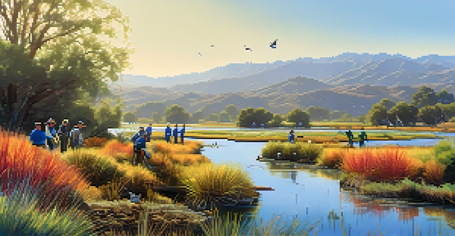 Volunteers planting native vegetation in a California wetland restoration project with a river in the background and wildlife visible.
