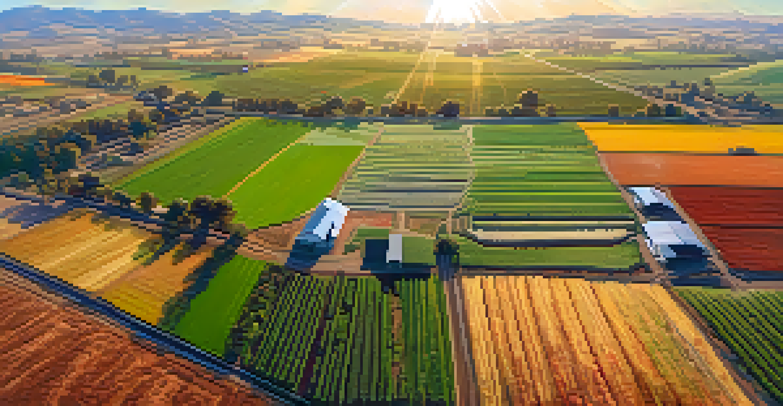 Aerial view of a California farm with colorful crops and drones, showcasing precision agriculture technology under warm sunlight.