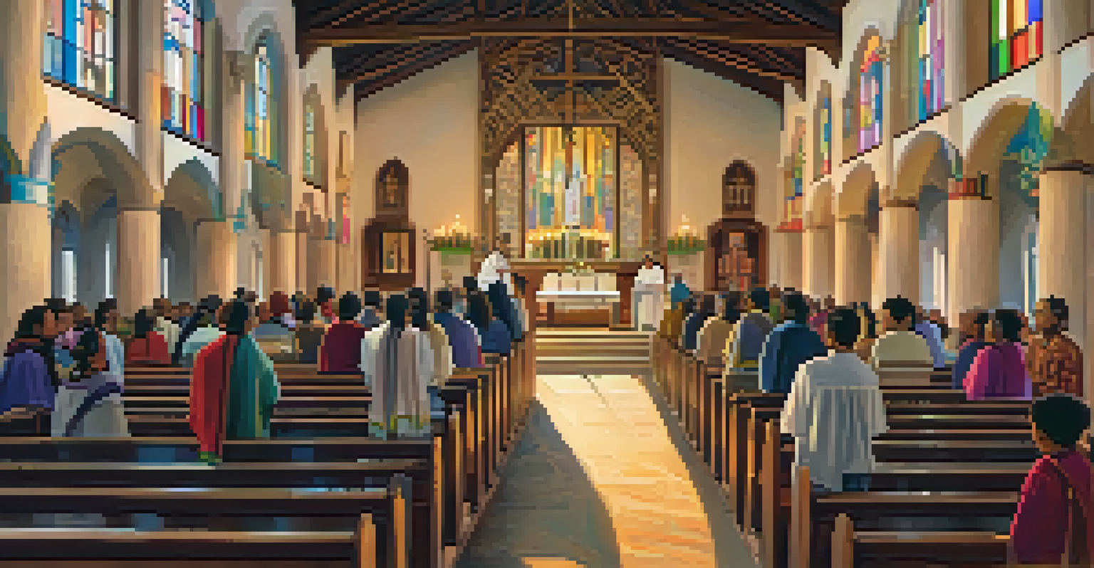Inside a mission chapel with wooden beams and stained glass, showing Indigenous converts participating in a service.