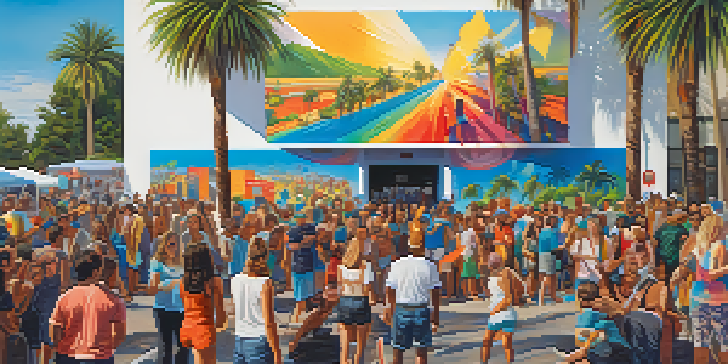 An outdoor art event featuring artists painting murals, with a diverse crowd and palm trees, showcasing creativity and community spirit.