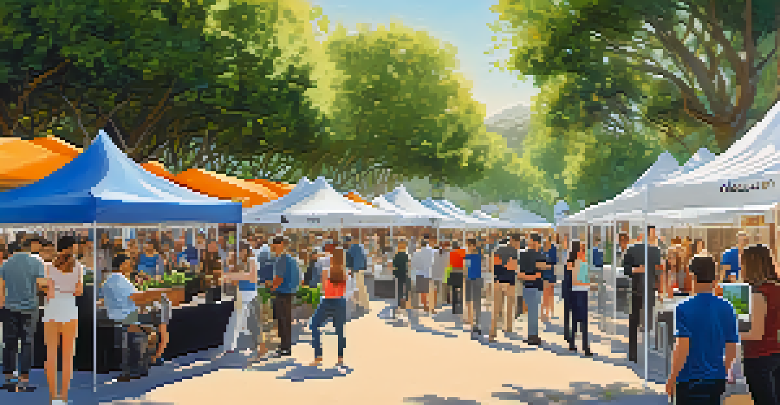 An outdoor promotional event for a California tech startup, with booths and attendees engaging with entrepreneurs, surrounded by greenery and bright banners in a sunny atmosphere.