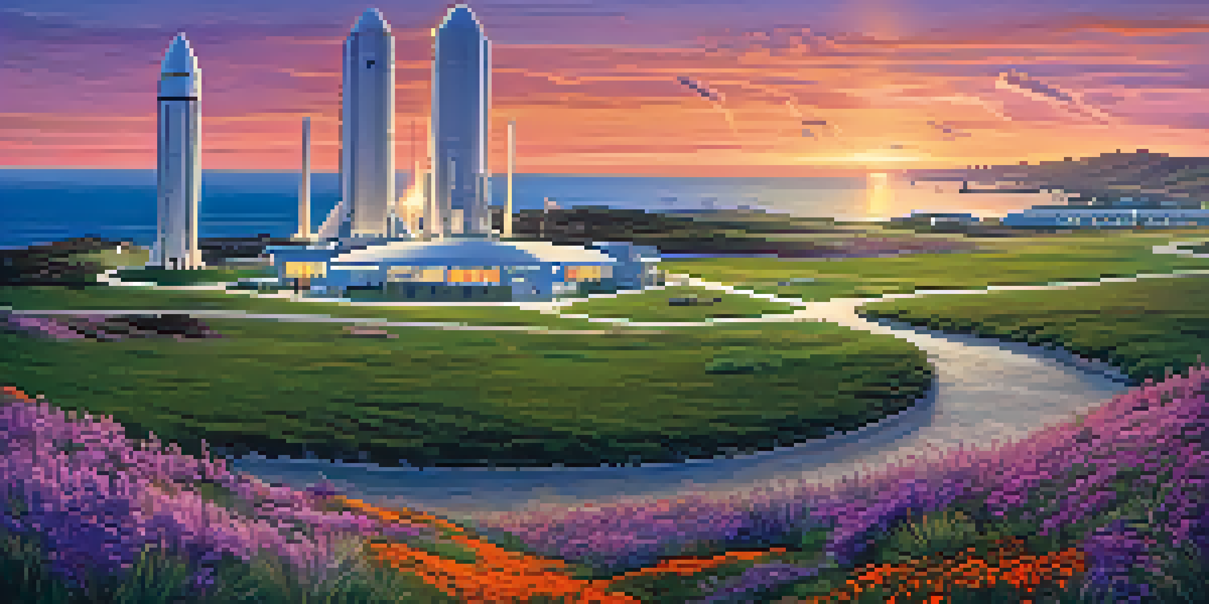 A sunset view of Vandenberg Space Force Base with rockets on launch pads and the ocean behind, featuring vibrant sky colors and green grass in the foreground.