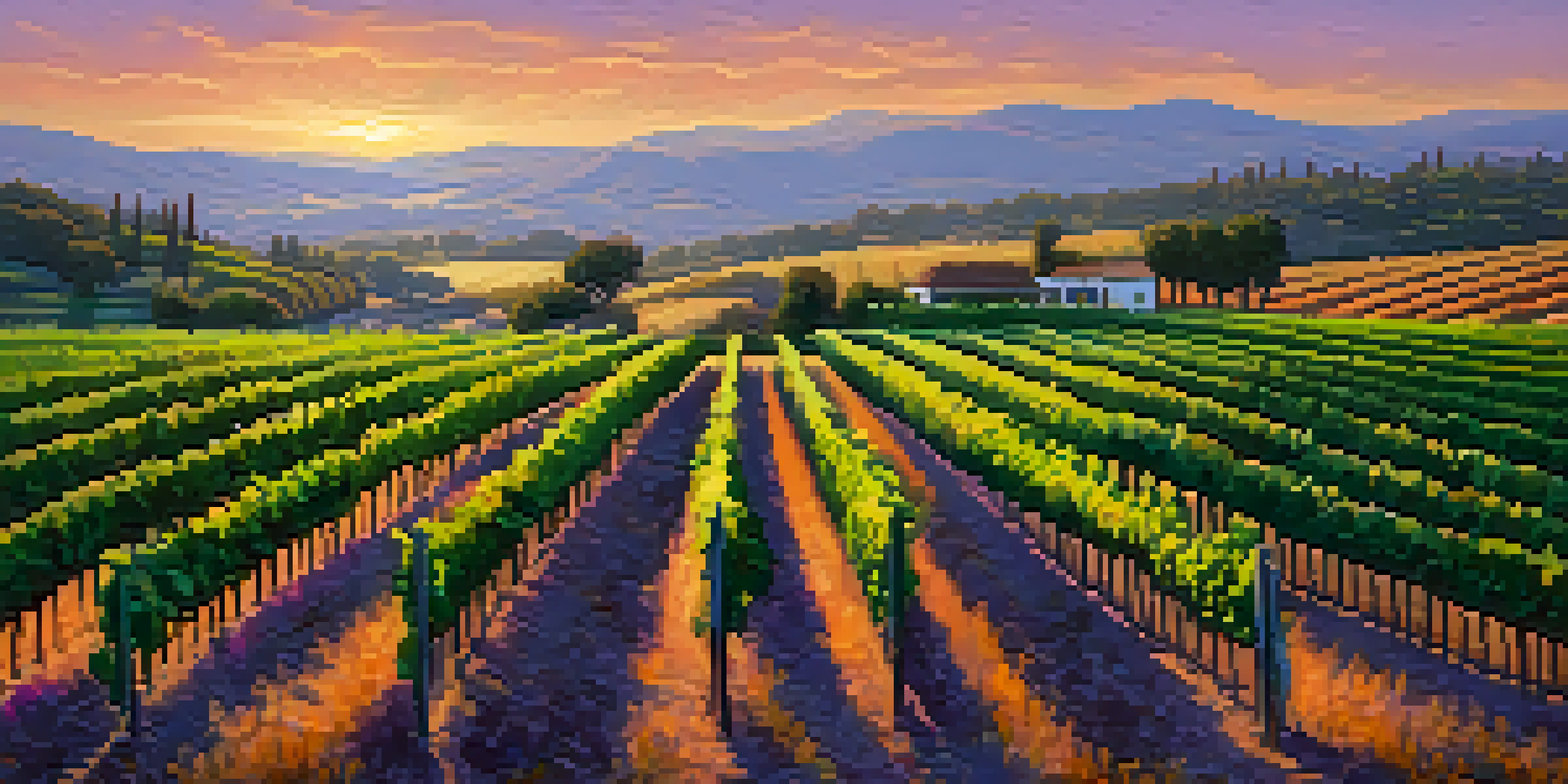 A sunset view of a Napa Valley vineyard with lush grapevines and a rustic wooden sign pointing to a winery.