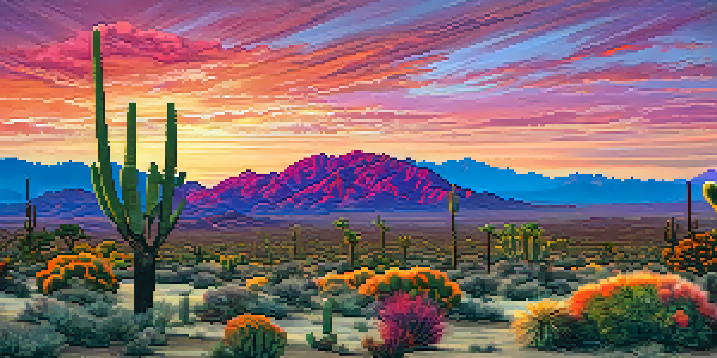 A sunset view of the Mojave Desert with Joshua trees and cacti in the foreground against a colorful sky.