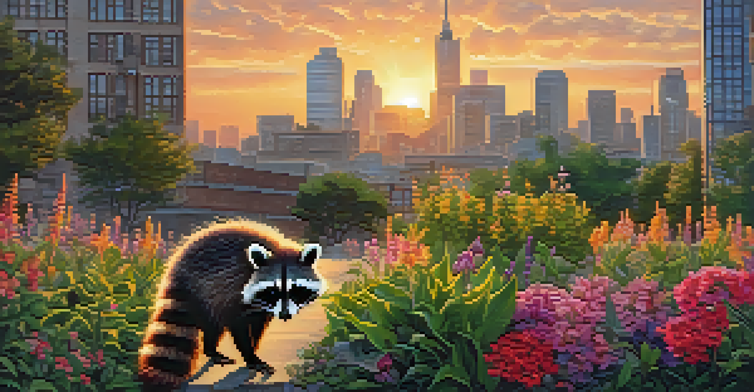 A raccoon foraging in a city garden, surrounded by flowers and greenery, with a skyline of buildings and a warm sunset in the background.
