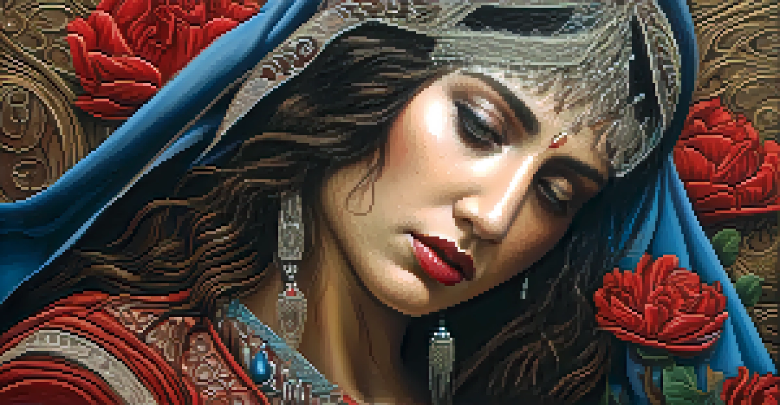 An intricate piece of art depicting La Llorona surrounded by symbols of motherhood and loss, with rich colors and textures in a cozy gallery setting.