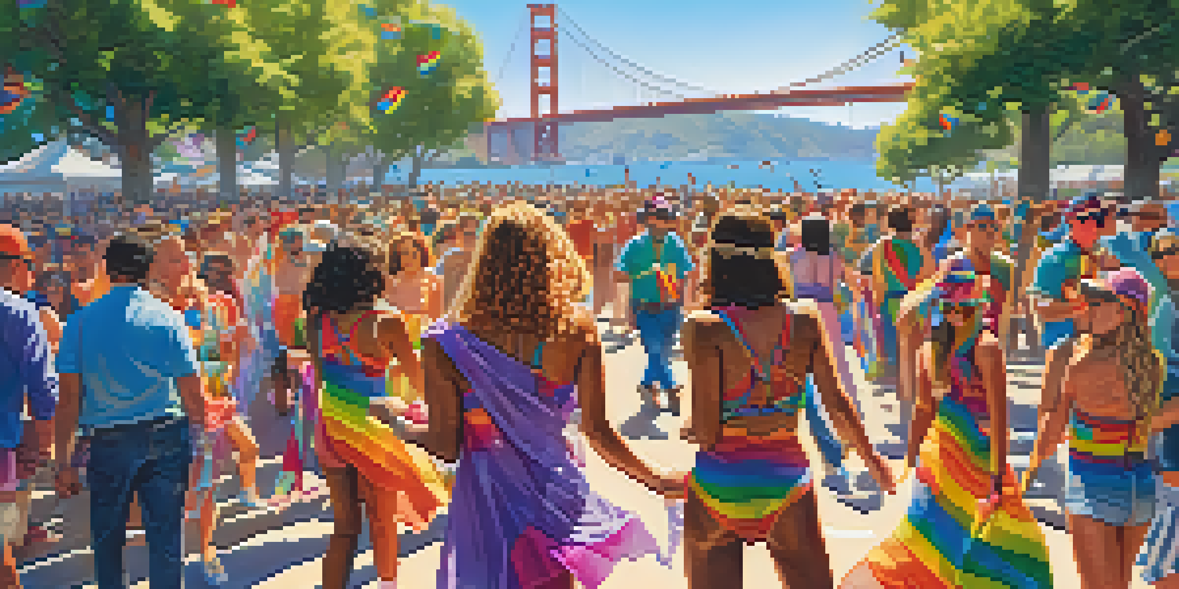 A lively Pride festival in San Francisco with people in rainbow outfits and the Golden Gate Bridge in the background.