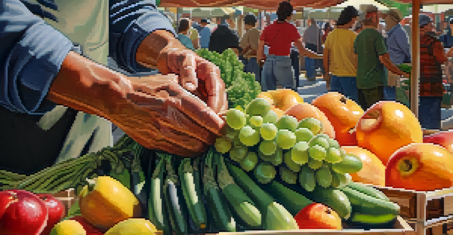 A close-up of a farmer's hands holding freshly harvested organic fruits and vegetables at a community farmers' market.