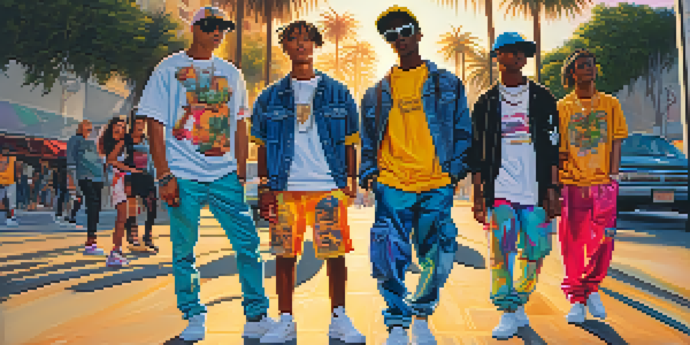 A lively California street scene with diverse young people in colorful streetwear against a backdrop of palm trees and graffiti art under a golden sunset.