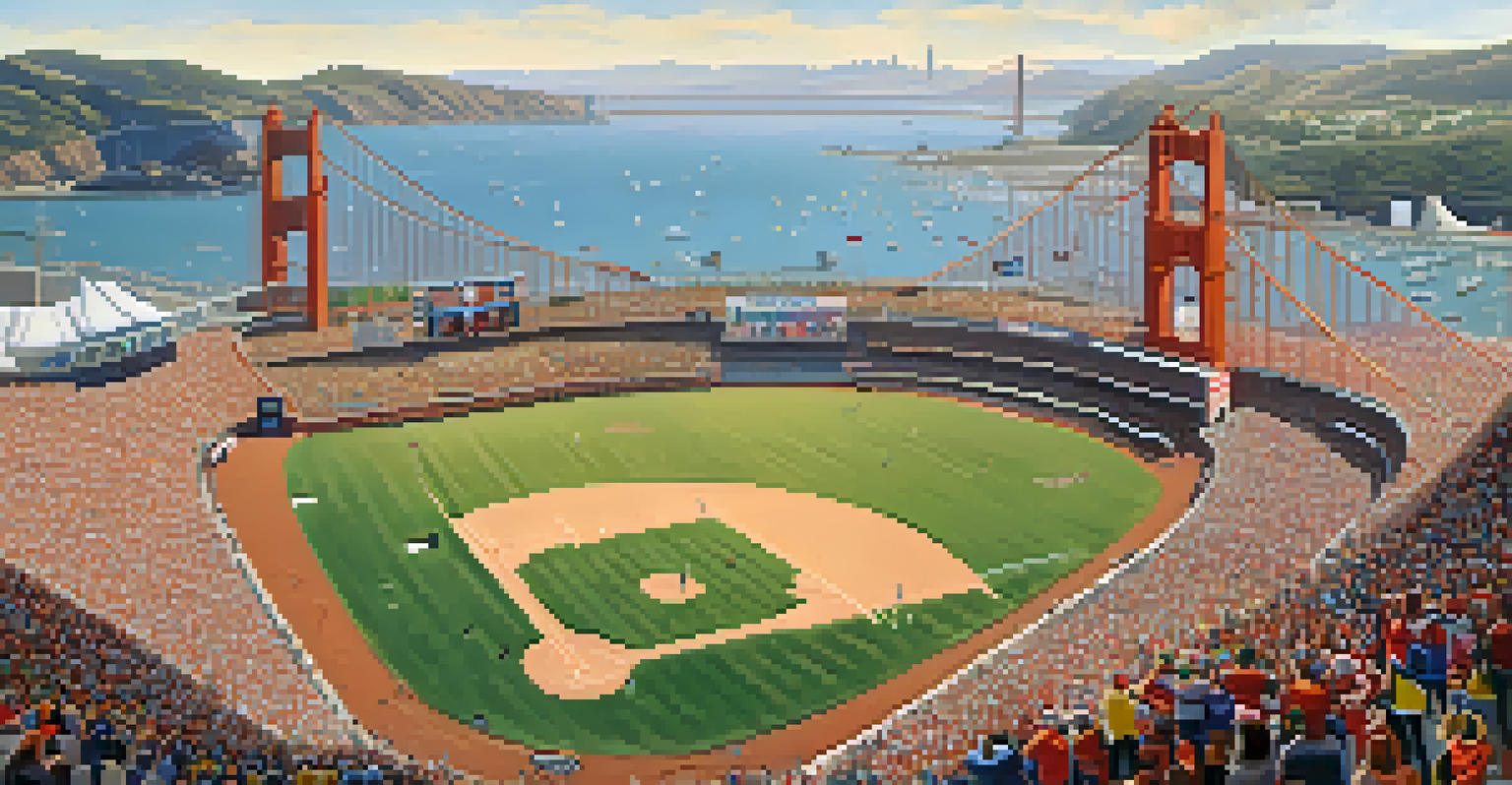 Aerial view of a sports event with fans and the Golden Gate Bridge in the background.