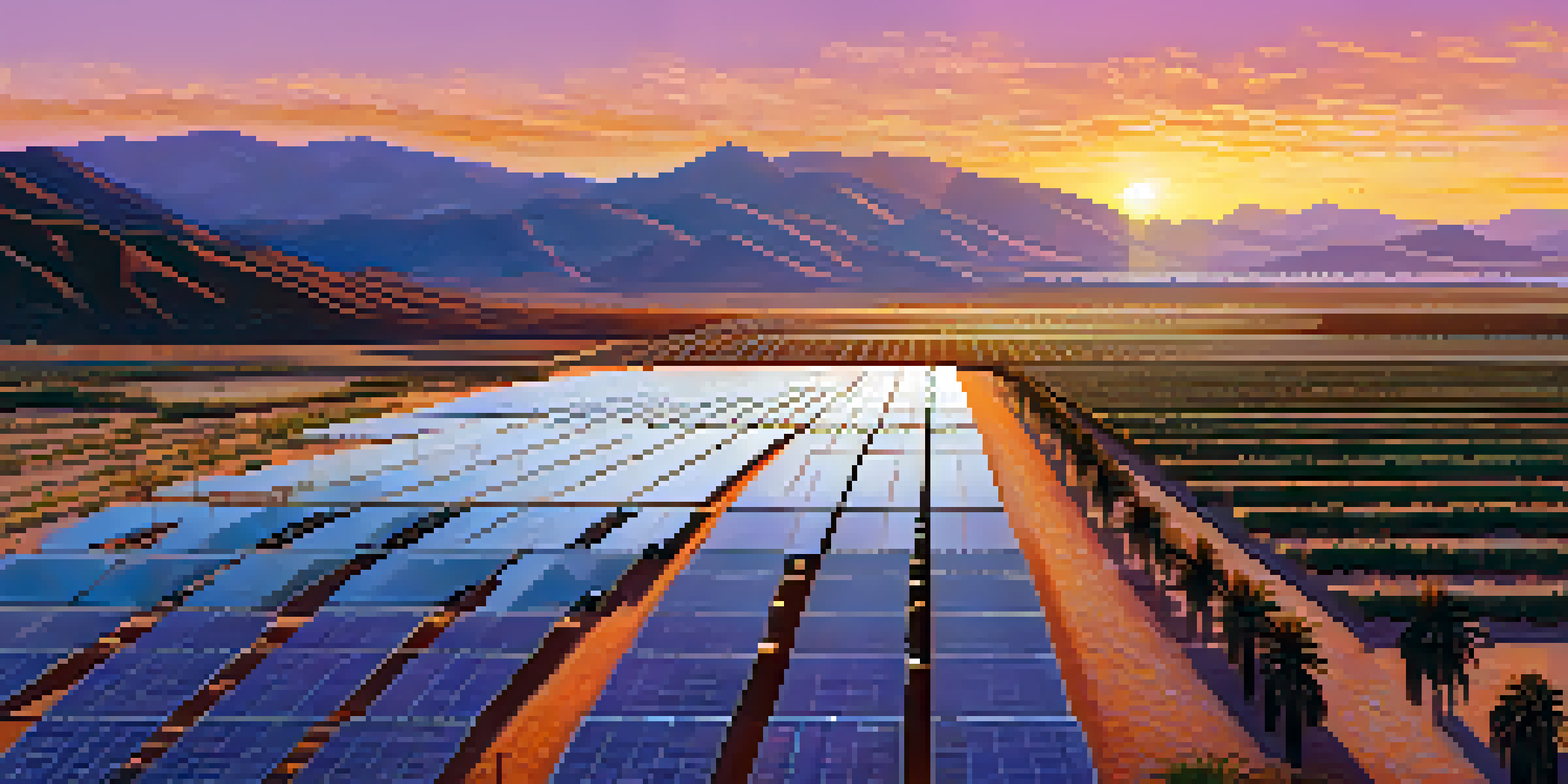 A sunset view of a solar farm in California, with solar panels reflecting golden light and a colorful sky.