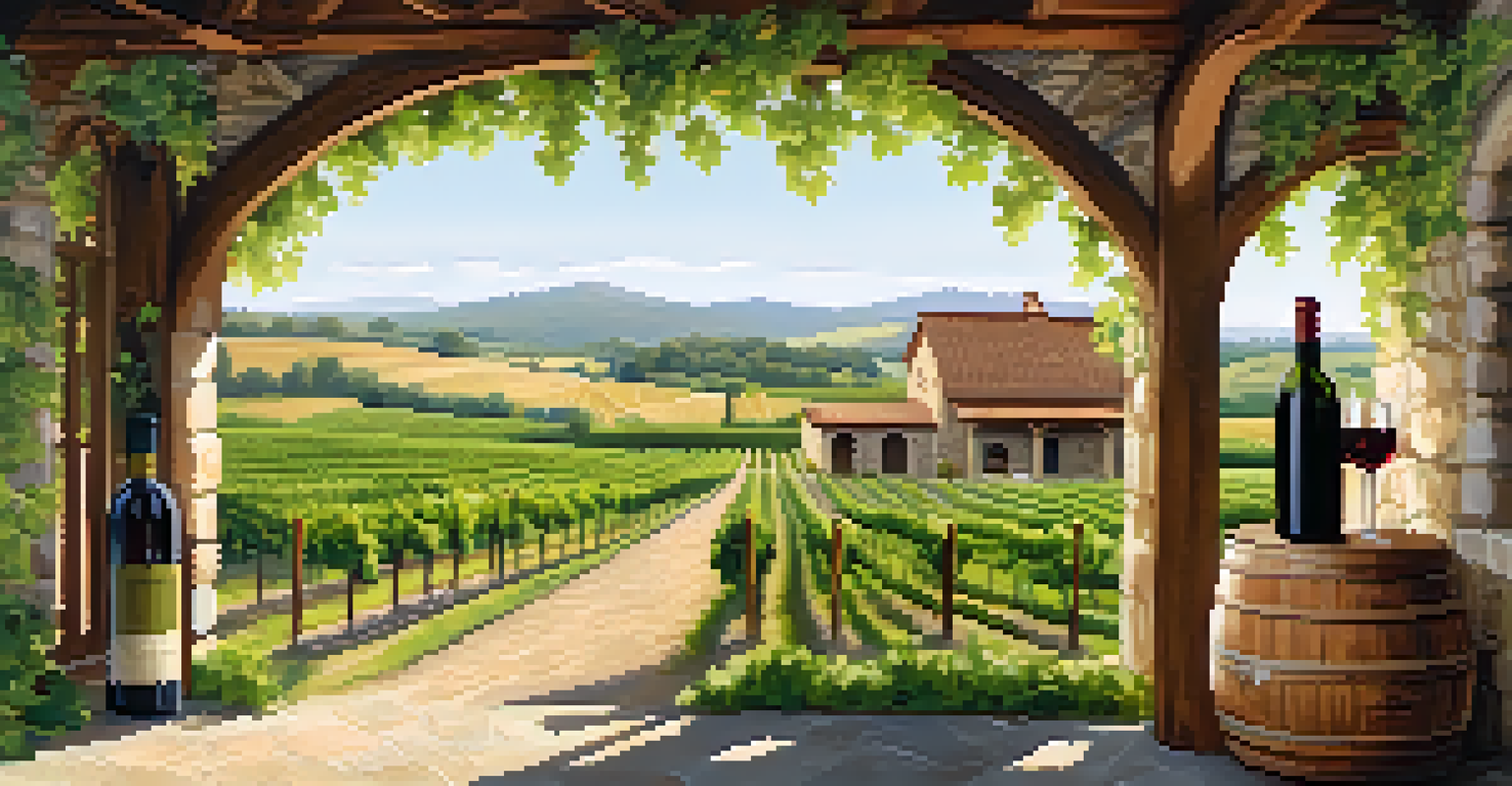 A tranquil vineyard landscape with a charming winery, rolling hills, and a picnic setup featuring wine and cheese.