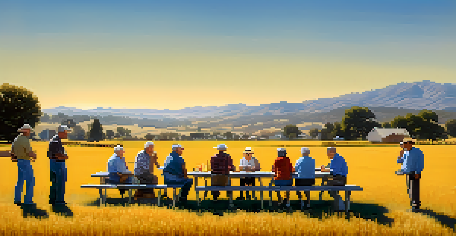 A group of older voters in a rural California setting discussing agricultural policies around a picnic table.