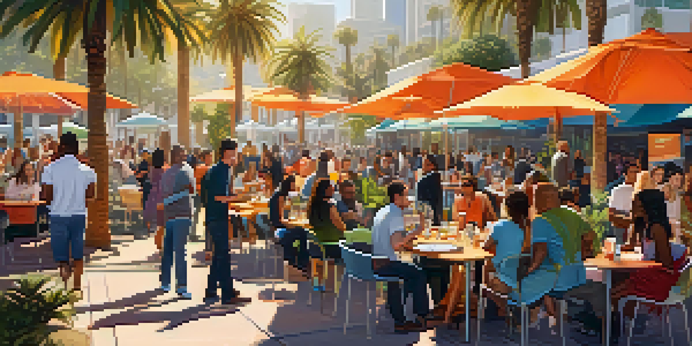 A lively outdoor networking event in California with diverse entrepreneurs discussing ideas under sunny skies and palm trees.