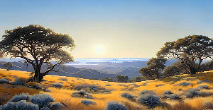 A wide view of a diverse California landscape with coastal forests and arid deserts under a blue sky, featuring dry grasslands and a dense forest in the background.