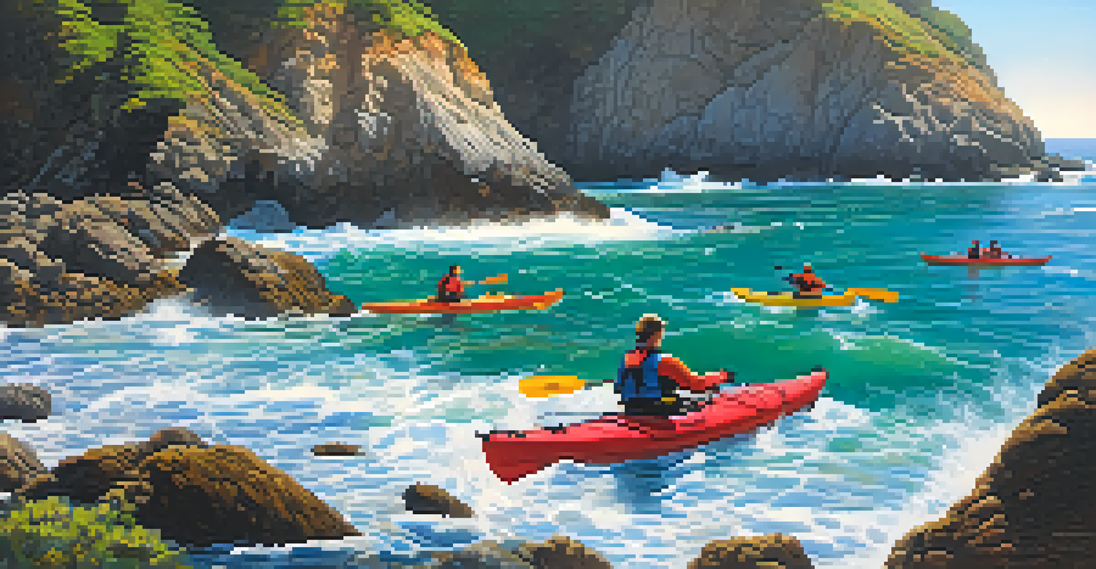 A group of kayakers navigating the rugged coastline of Big Sur, with sea lions and a dolphin in the background.