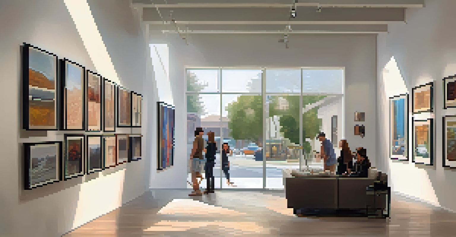 Inside view of an art gallery in Silver Lake with contemporary artworks and visitors discussing the pieces in a well-lit space.