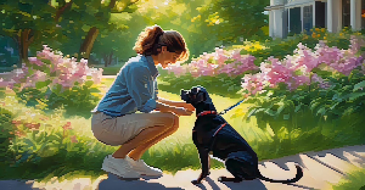 A happy pet owner playing with their dog in a sunny park filled with greenery and colorful flowers, showcasing a joyful bond.