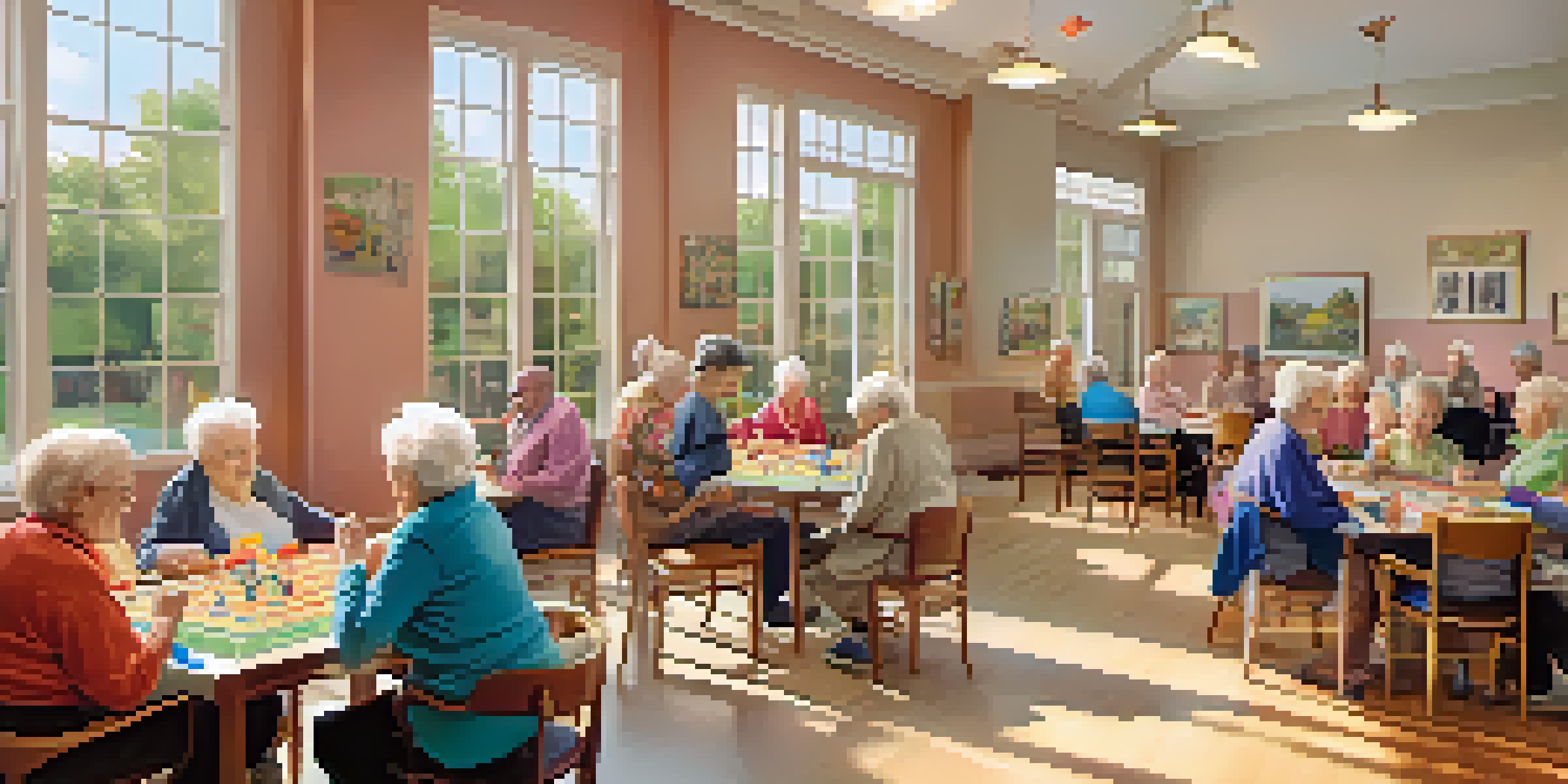 A community center with elderly residents participating in activities like painting and yoga, filled with natural light and warm colors.