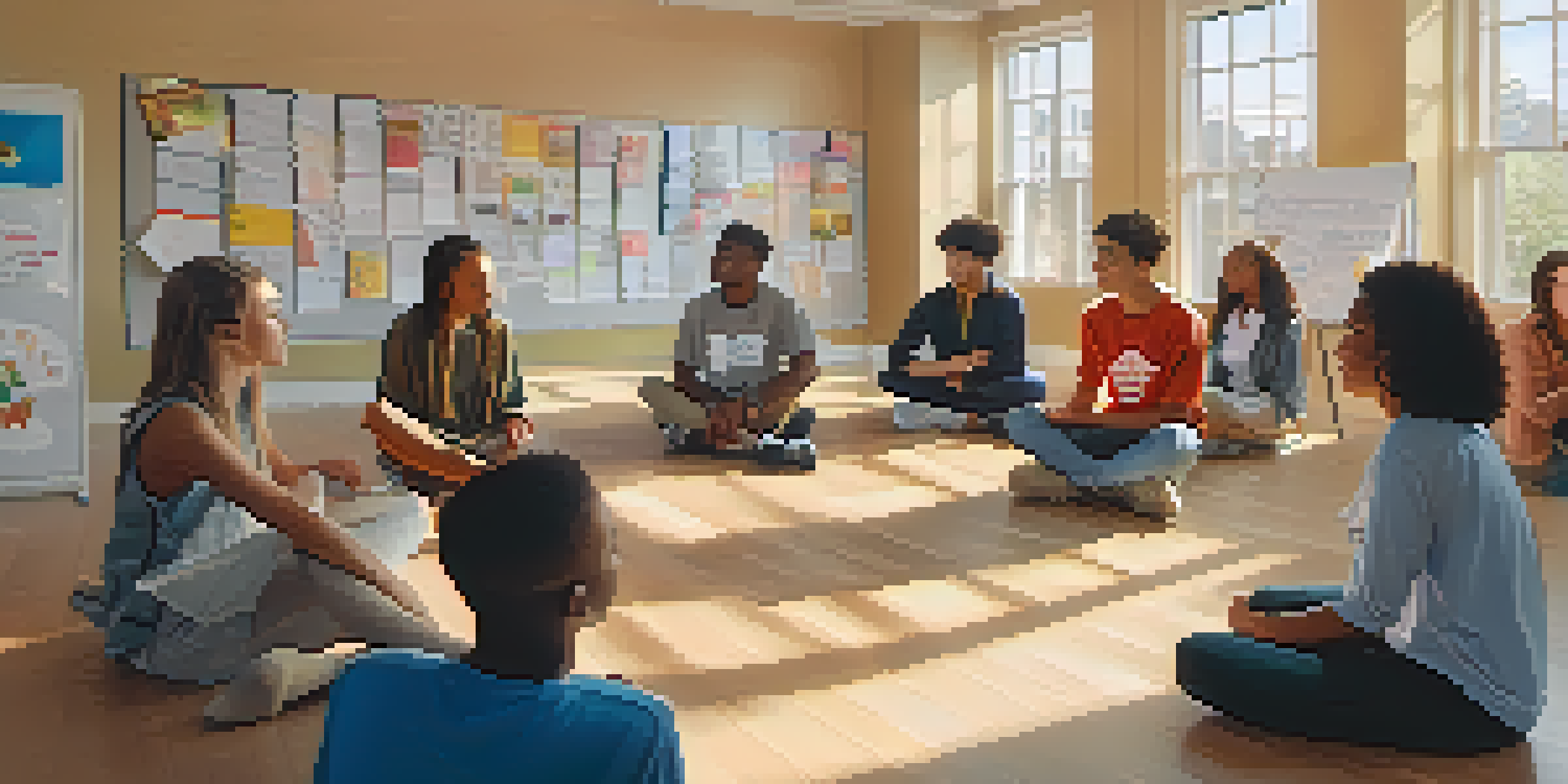 A group of diverse young individuals participating in a mental health workshop in a school setting, showing expressions of support and engagement.