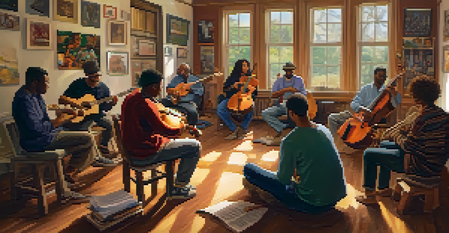 A community music workshop with diverse participants seated in a circle, collaborating on music in a cozy, well-lit room filled with cultural artwork.